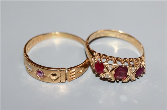 Two early 20th century 18ct gold, ruby and diamond rings (stone missing).